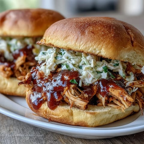 Slow-cooked pulled BBQ chicken piled high on soft brioche buns with tangy coleslaw.  