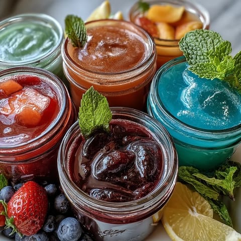 Colorful lemonade bar setup featuring classic lemonade, strawberry, blueberry, mint, and peach syrups for a customizable drink experience.