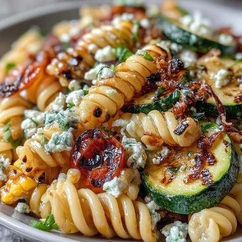 A colorful pasta salad with grilled zucchini, sweet corn, and crumbled Cotija cheese in a zesty lime dressing.