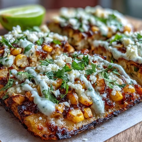 Festive Cinco de Mayo flatbread with charred corn, cotija cheese, and jalapeño crema for a vibrant, Mexican-inspired dish.  