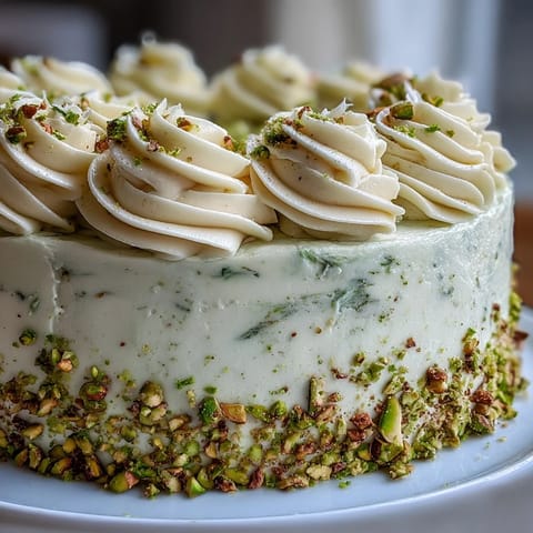 Vibrant spring birthday lemon pistachio layered cake with zesty lemon sponge and creamy pistachio frosting, garnished with chopped pistachios and edible flowers.