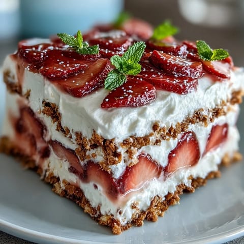 Festive no-bake icebox cake with layers of whipped cream, graham crackers, and fresh strawberries, perfect for Memorial Day gatherings.