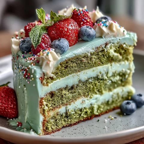 A vibrant mini matcha cake, perfect for brunch celebrations, with soft layers and creamy vanilla frosting.  