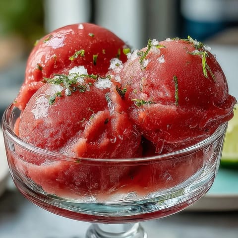 Vibrant frozen watermelon sorbet, a simple, naturally sweet treat for cooling down.