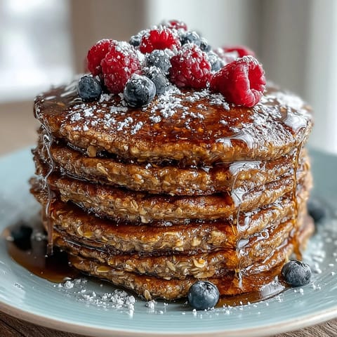 Golden High Fiber Protein Pancakes stacked high, drizzled with syrup.