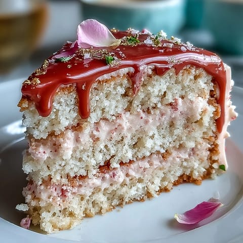 Elegant Bridal Shower Rosé Velvet Cake with smooth frosting and a cascading gold drip.