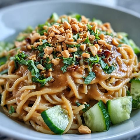 Creamy Cold Peanut Sesame Noodles with crisp cucumber, a refreshing summer meal.