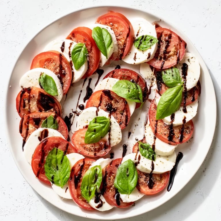Vibrant Caprese Salad on a white plate with olive oil and sea salt, ready to serve.