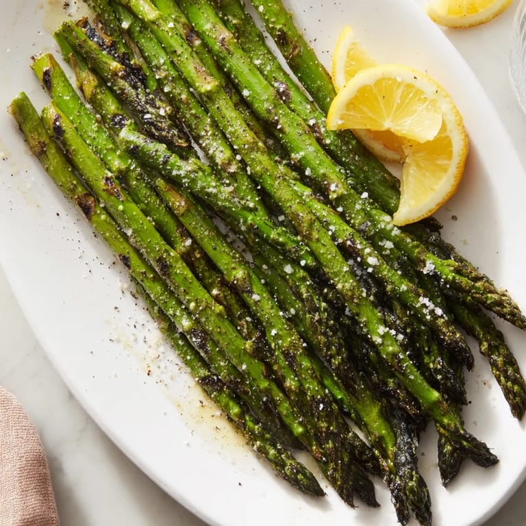 Tender Grilled Asparagus tossed in olive oil, perfectly seasoned and piled high on a white platter.