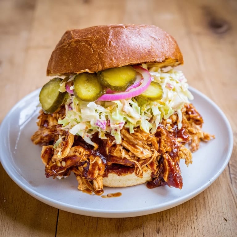 Juicy barbecue chicken piled into a soft bun with pickles and onion for a classic BBQ Chicken Sandwich