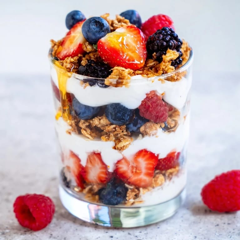 A topped Berry Parfait with juicy strawberries, blueberries, and raspberries, drizzled with honey, ideal for a light dessert or snack.