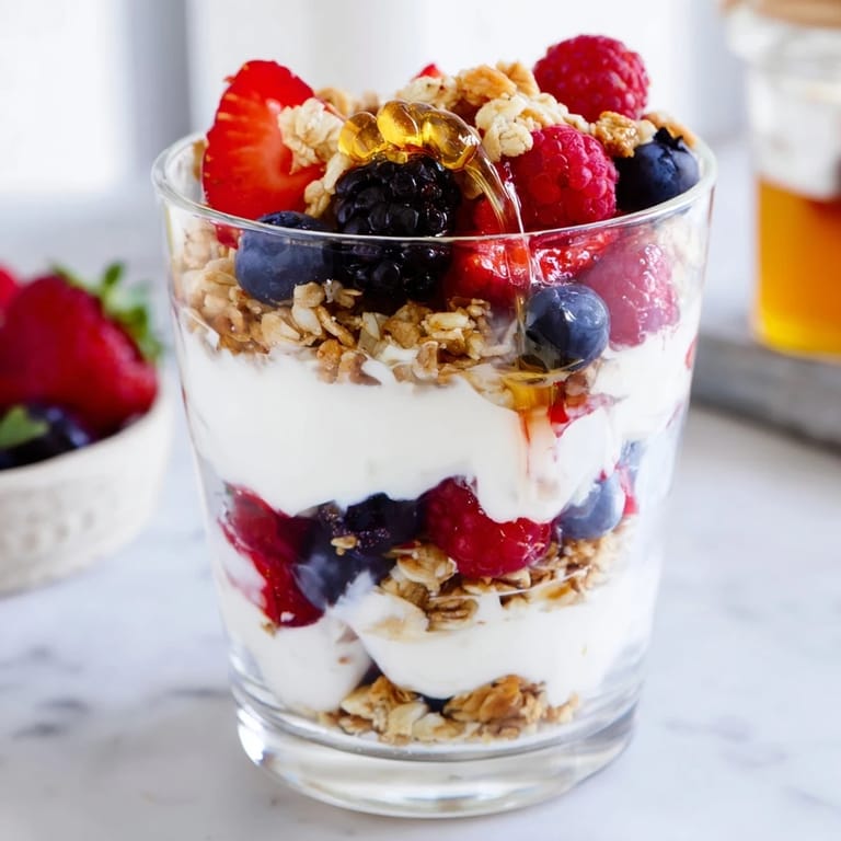 Hand preparing a Berry Parfait, spooning granola between layers of Greek yogurt and fresh berries inside a clear glass.
