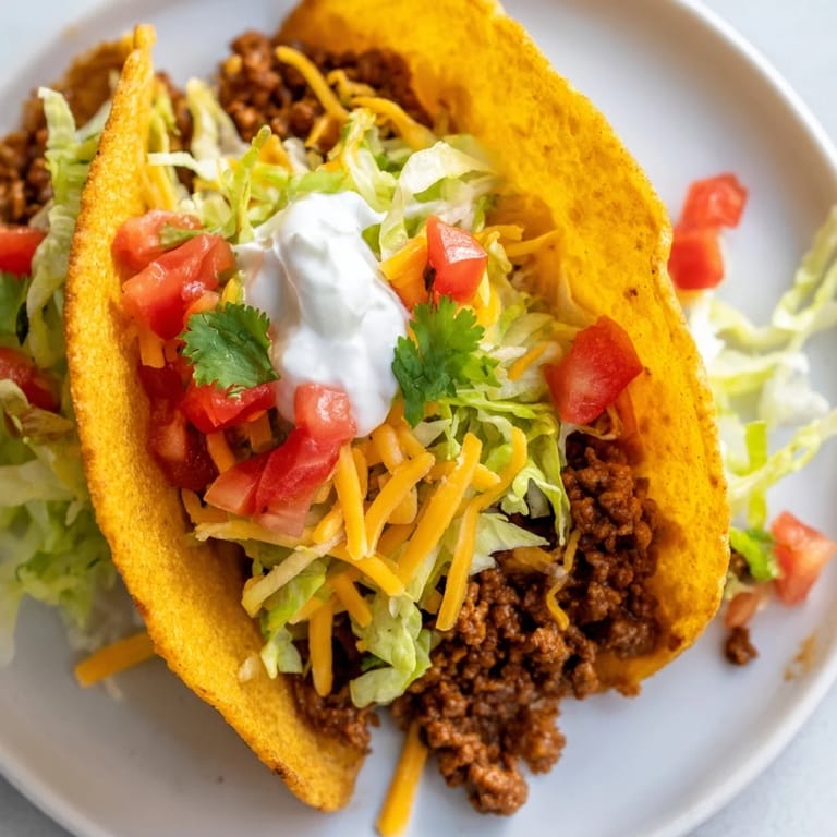 Freshly prepared Beef Tacos topped with shredded cheddar, crisp iceberg lettuce, and vibrant diced tomatoes on a rustic wooden board.