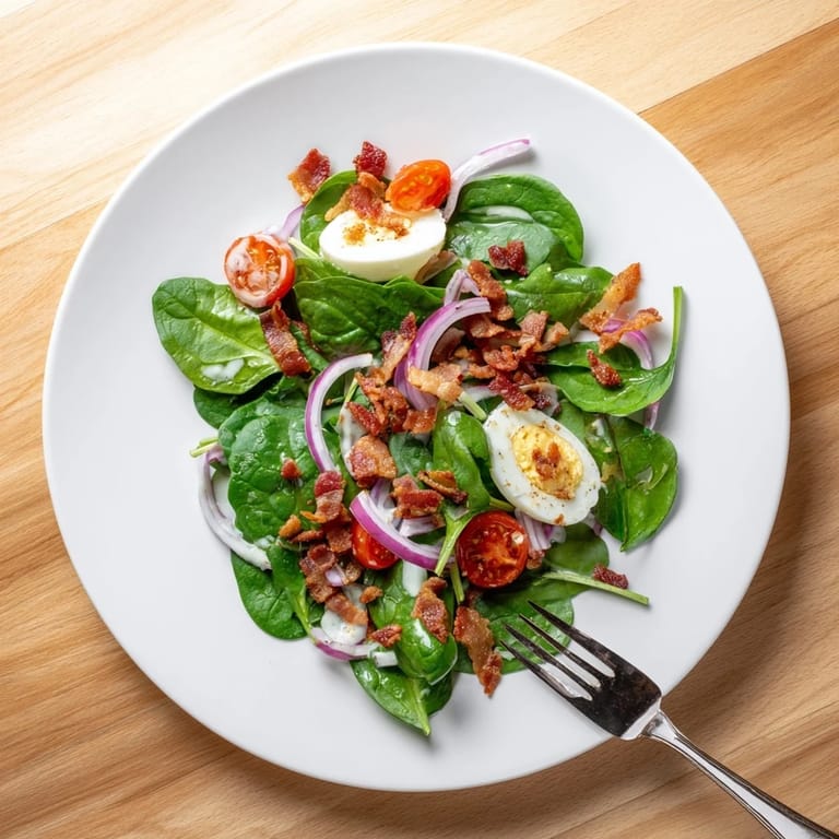 Served in a rustic white bowl, this Spinach Salad with Bacon makes a perfect light lunch or dinner, tossed in a glossy homemade dressing.