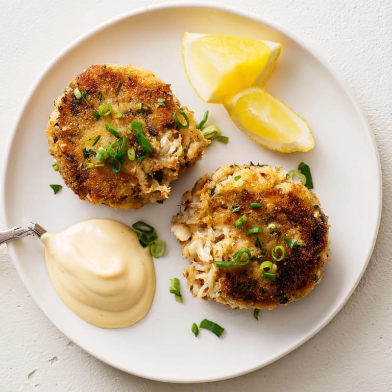Homemade seafood cakes drizzled with tangy sauce alongside a crisp green salad.