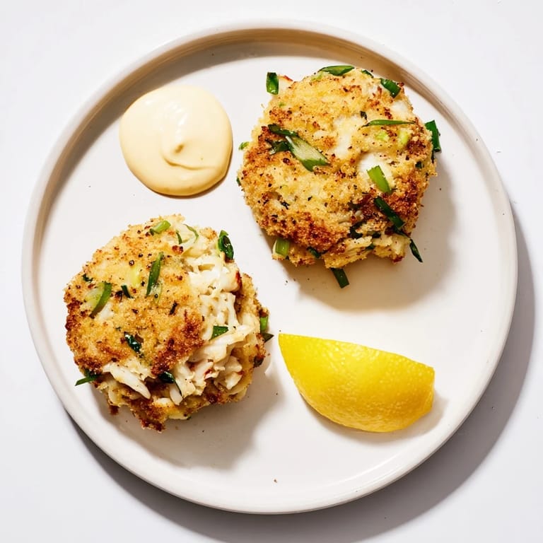 Pan-fried lump crab patties served warm on a white plate with lemon wedges.