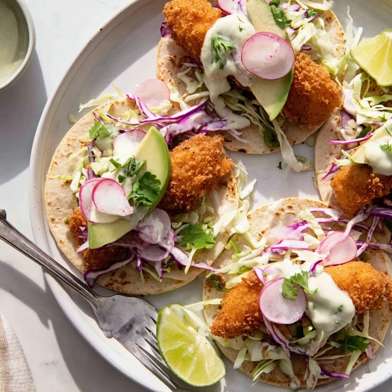 Crunchy fried Baja Fish Tacos topped with creamy avocado slices and fresh cilantro on a wooden board.