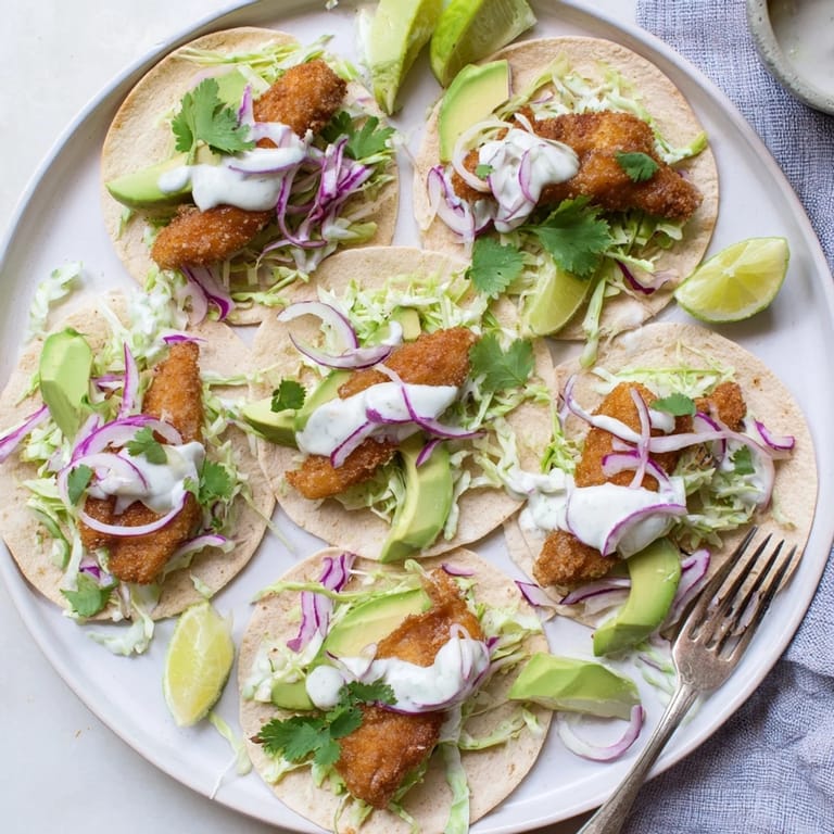 Serve Baja Fish Tacos with lime wedges and drizzled creamy sauce for a zesty Mexican-inspired dinner.