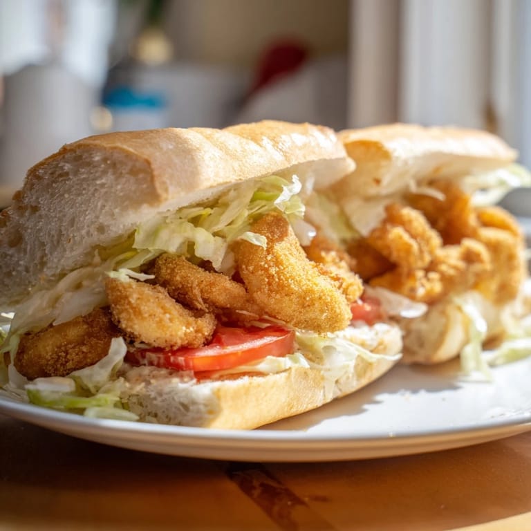 Plated Shrimp Po Boy with lemon wedges and pickles, ready for a New Orleans style lunch.