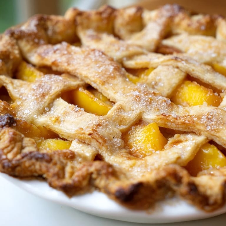 A slice of homemade Peach Pie on a plate, showcasing tender peach slices in sweet syrup and a crimped buttery pastry edge.