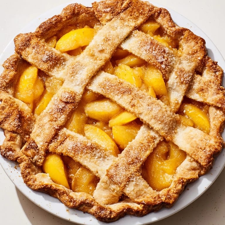 Rustic Peach Pie cooling on a wire rack, with cinnamon-dusted crust and juicy yellow peaches peeking through a lattice top.