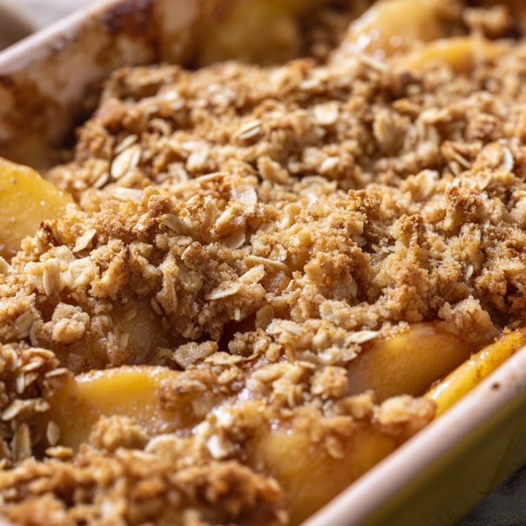 Steamy Apple Crumble straight from the oven, revealing tender spiced apples and a buttery oat crumble ready for vanilla ice cream. 