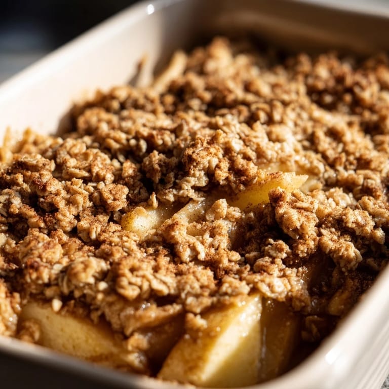 Serving of Apple Crumble in a bowl, warm and comforting, with a scoop of melting vanilla ice cream on top.