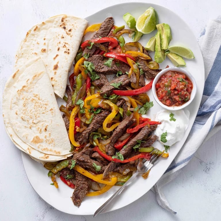 Close-up of juicy Steak Fajitas with charred peppers and onions, served hot with flour tortillas and toppings like guacamole.