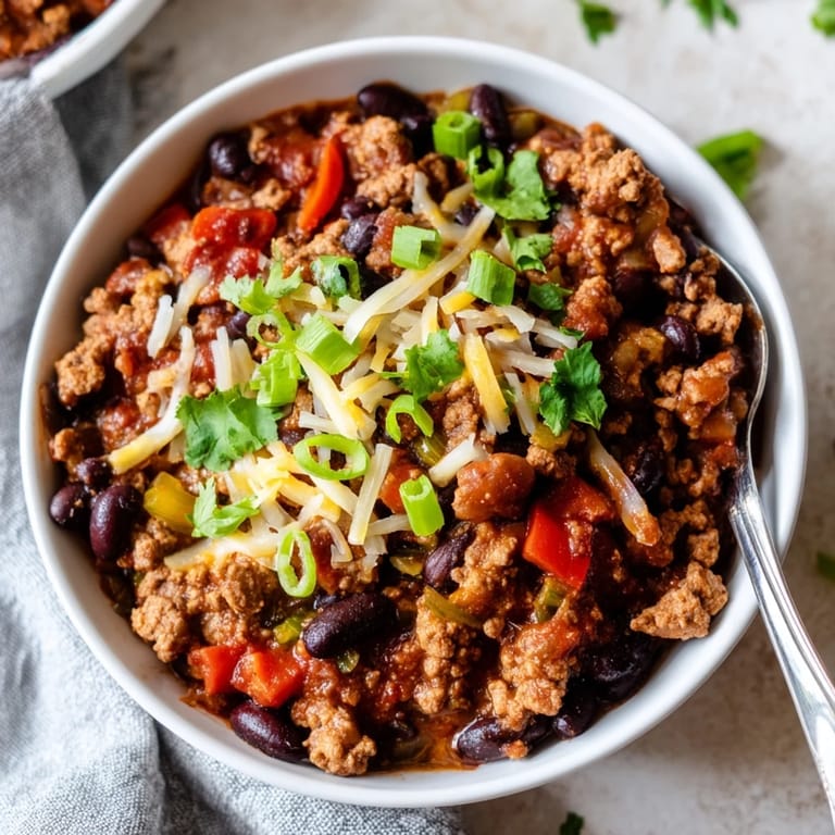 Hearty Turkey Chili simmering in a Dutch oven, featuring ground turkey, black beans, and diced tomatoes in a rich, red sauce.