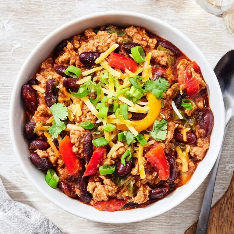 A ladle serving up Turkey Chili beside cornbread, showing the thick texture and colorful peppers inside this comforting American main dish.