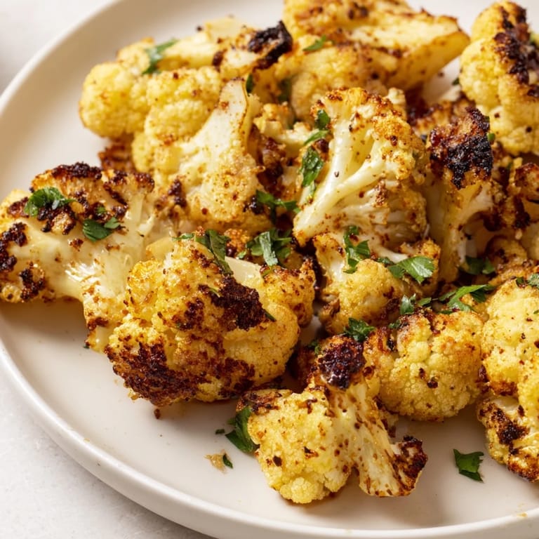 Tender oven roasted cauliflower florets tossed in olive oil and spices, ready to serve as a healthy side dish.