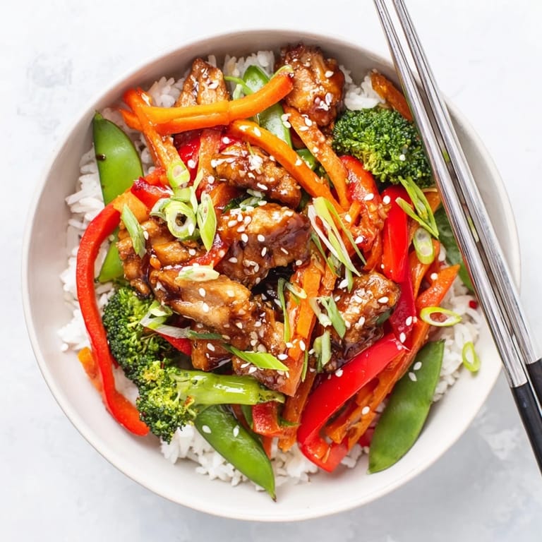 A close-up of a flavorful Teriyaki Chicken Bowl with colorful veggies and drizzling sauce, perfect for an easy weeknight dinner.