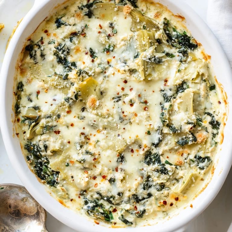 Fresh spinach and artichoke hearts in baked spinach artichoke dip, served warm for a party appetizer.