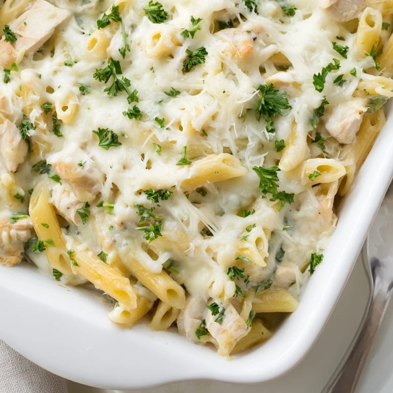 Steaming casserole dish of Chicken Alfredo Bake with penne pasta and a rich cream sauce.