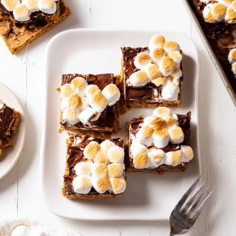 Homemade Smores Bars cut into neat squares, featuring a rich chocolate layer and golden crust.