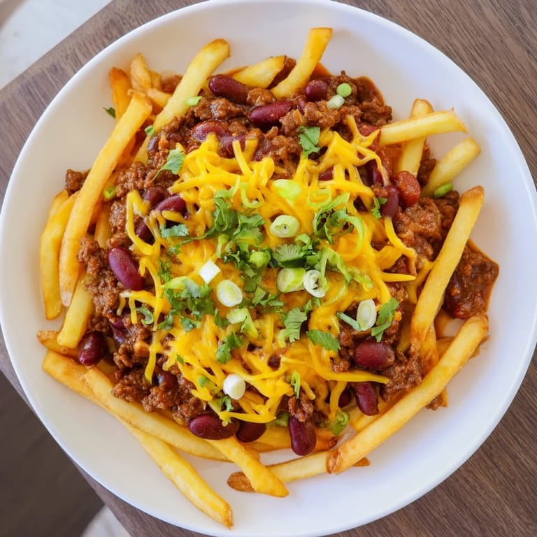 Freshly baked Chili Cheese Fries garnished with cilantro and spring onions, with a dollop of sour cream on the side.