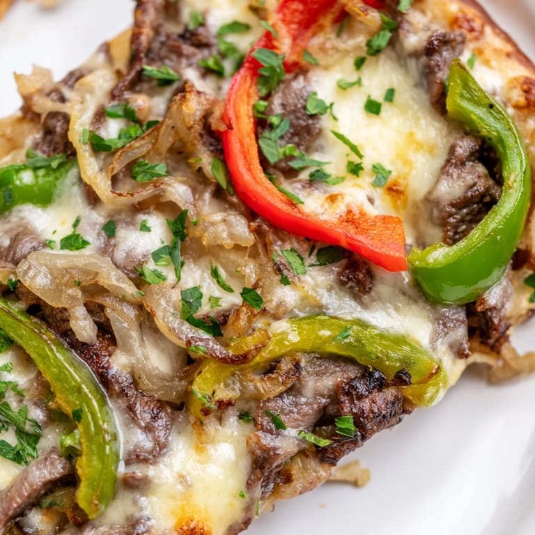 Freshly baked Philly Cheesesteak Pizza topped with colorful bell peppers and melted cheese.