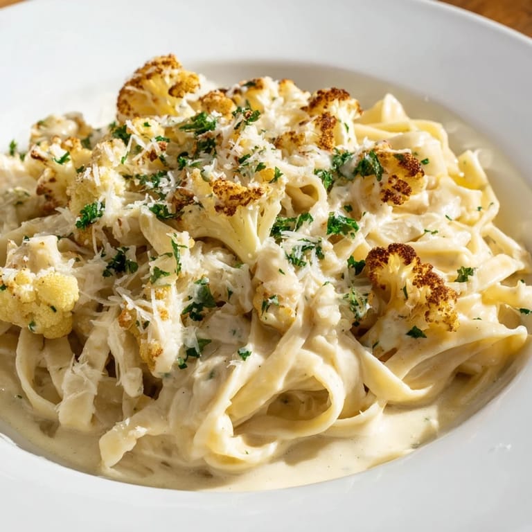 A rustic skillet of Roasted Cauliflower Alfredo pasta features a luscious sauce and extra Parmesan, perfect for dinner.