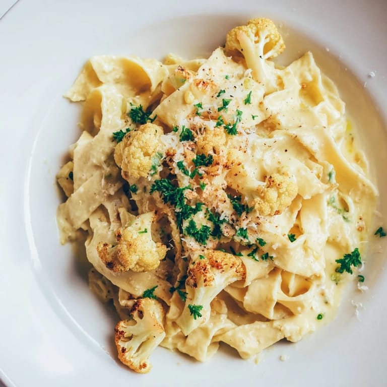 Golden roasted cauliflower and garlic transform into a creamy sauce in this healthier Roasted Cauliflower Alfredo pasta.  