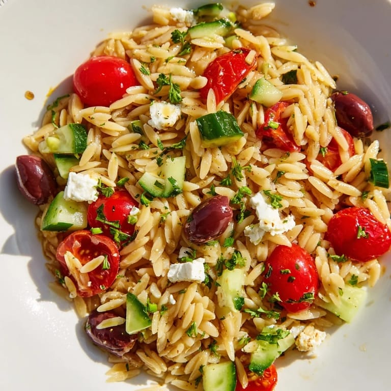 A close-up of a chilled Greek Orzo Salad showcasing al dente pasta, colorful vegetables, and crumbled feta, drizzled with a bright olive oil dressing.