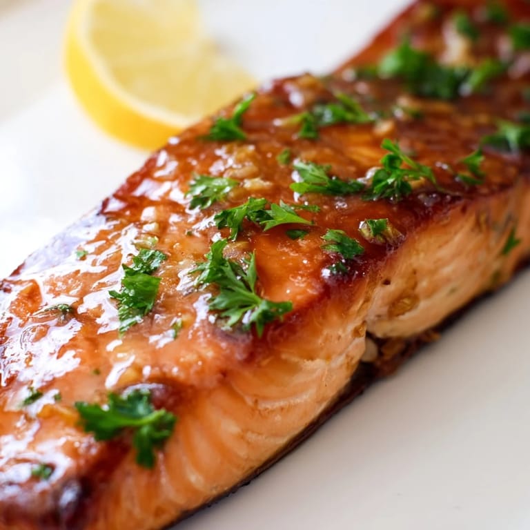 A close-up of Honey Garlic Glazed Salmon with a glossy, caramelized finish, revealing tender, flaky fish flakes alongside a vibrant green salad.