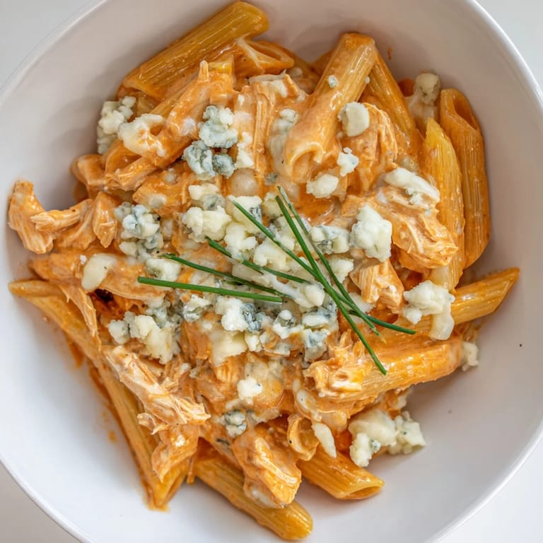 Steaming penne pasta tossed with shredded chicken and spicy buffalo sauce, finished with melted mozzarella and a drizzle of heavy cream.