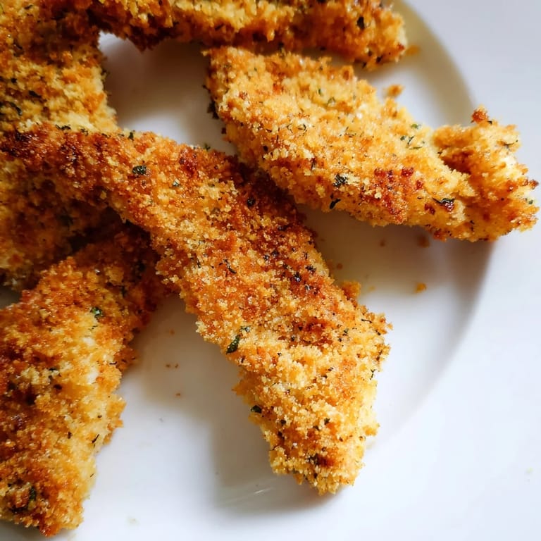 Close-up of Crispy Panko Chicken Strips revealing the crunchy, golden panko texture, seasoned with herbs and spices for a flavorful bite.
