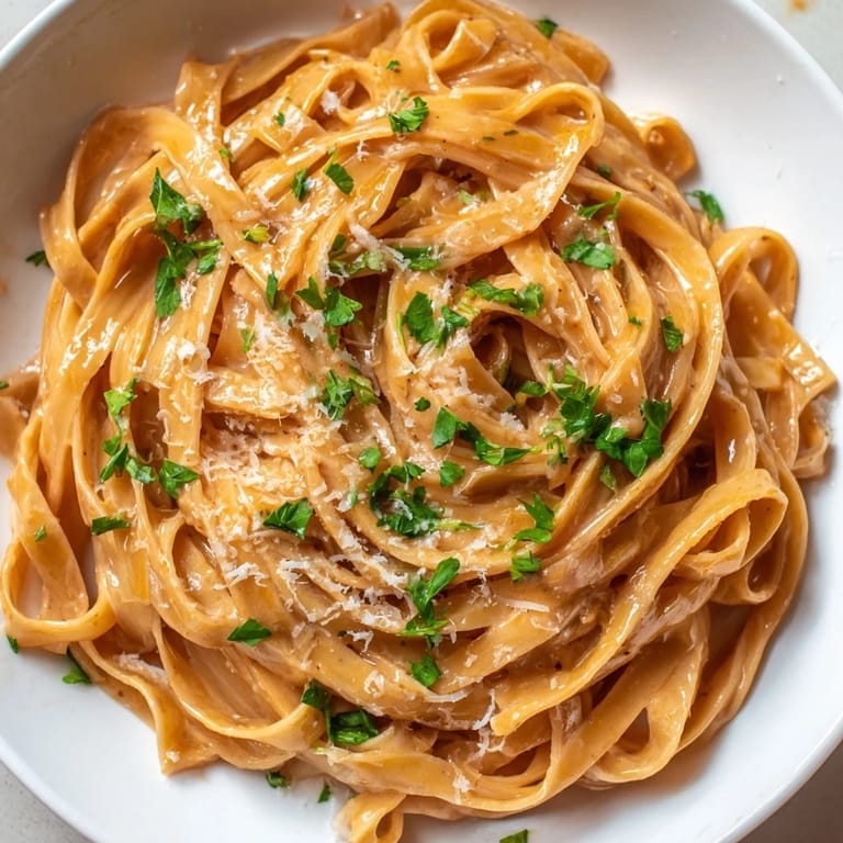 A skillet of Sriracha Honey Pasta steams beside a glass of crisp white wine, perfect for a quick weeknight dinner.