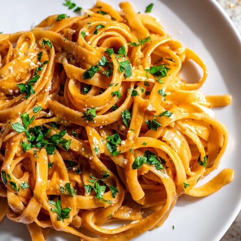 Close-up of Sriracha Honey Pasta shows silky strands coated in a sweet and spicy garlic butter sauce, garnished with parsley.