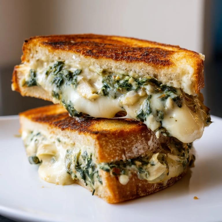 Golden, crisp-edged Spinach Artichoke Grilled Cheese oozes molten cheese, with tender spinach and chopped artichokes peeking through on a rustic wooden board.