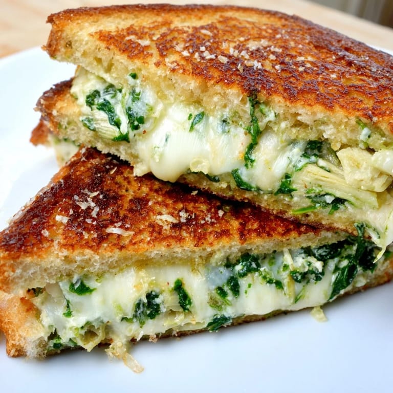 Freshly prepared Spinach Artichoke Grilled Cheese sits beside a vibrant salad, showcasing melted mozzarella and artichoke pieces between buttery, golden sourdough slices.