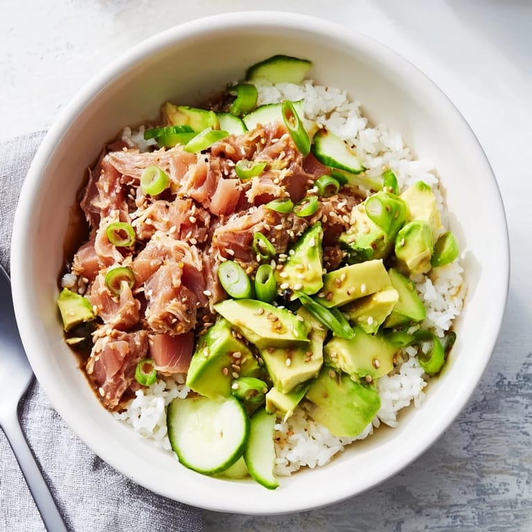 A colorful serving suggestion for a Tuna Avocado Rice Bowl drizzled with sesame-soy dressing and garnished with scallions and optional spicy sriracha.