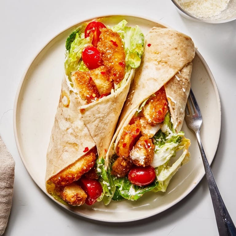Handheld Hot Honey Chicken Caesar Wrap with juicy fried chicken, tangy Caesar dressing, and a drizzle of sweet-spicy honey.