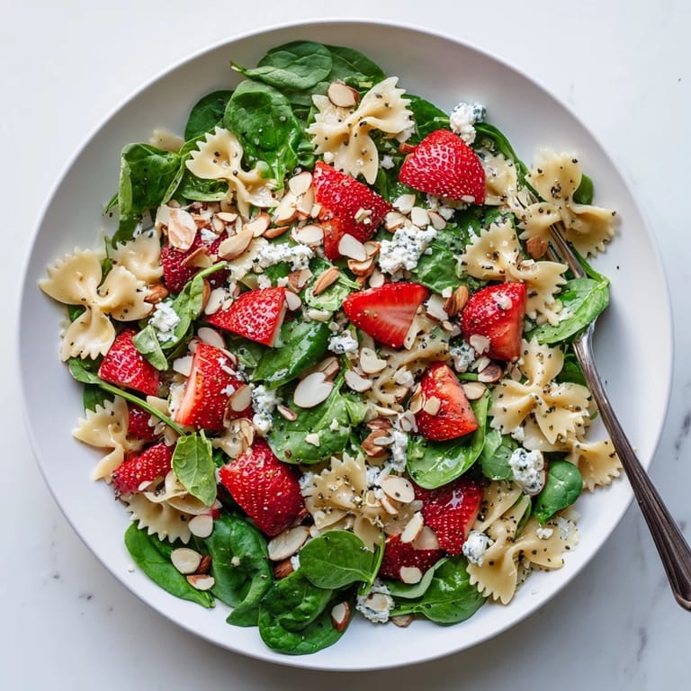 Vibrant Spring Spinach Strawberry Pasta Salad garnished with toasted almonds and crumbled feta, perfect for a sunny spring picnic.